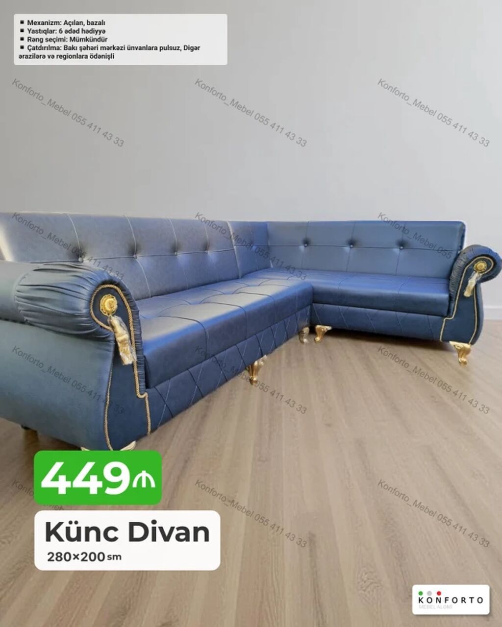 Künc divan – 280×200 sm - Mexanizm: açılan, bazalı (yataq funksiyalı
