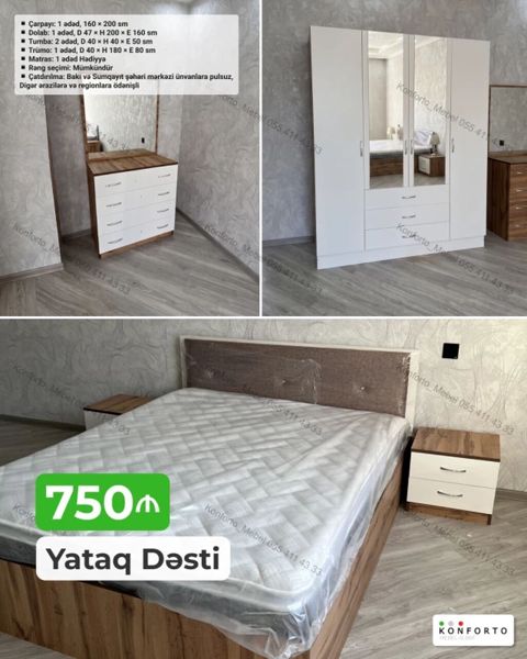 Yataq Dəsti – müasir dizayn, ağ və taxta teksturalı kombinasiya Dəst