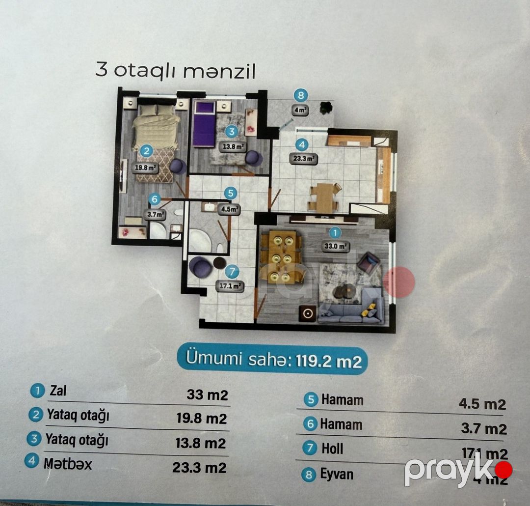 Satılır 3 otaqlı yeni tikili 120 m² — Mənzil, Bakı (6)