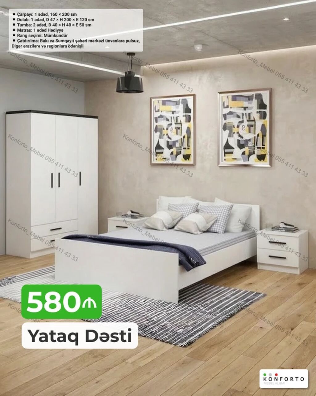 Yataq Dəsti – ağ rəngdə, modern dizayn Komplektə daxildir: - Çarpayı