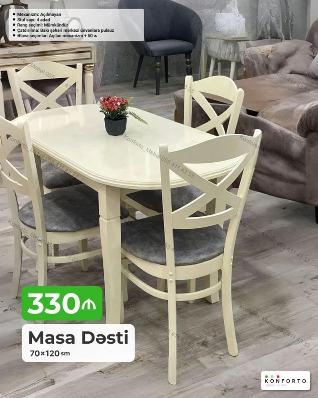 Məhsul: Masa dəsti - Ölçü: 70 × 120 sm - Komplekt: 1 masa + 4 stul -
