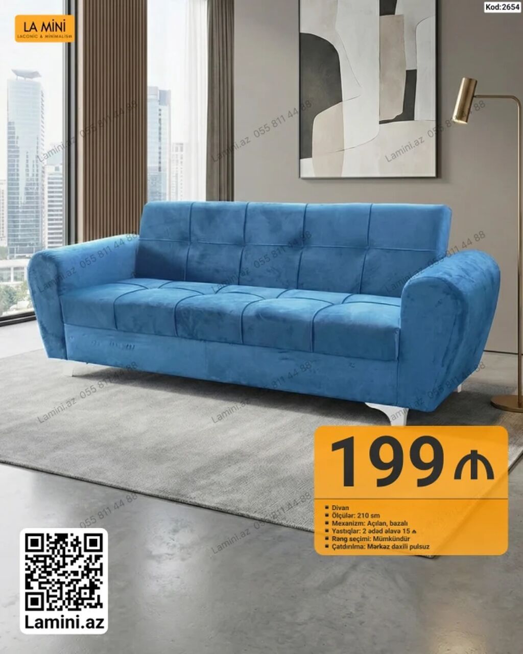 Məhsul: Divan (Kod: 2654) - Ölçü: 210 sm - Mexanizm: Açılan, bazalı -