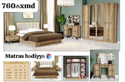 Yataq otağı dəsti – açıq fındıq/ceviz tonlarında, yumşaq başlıqlı — Ucuz serfeli Mebel — Bedroom furniture sets