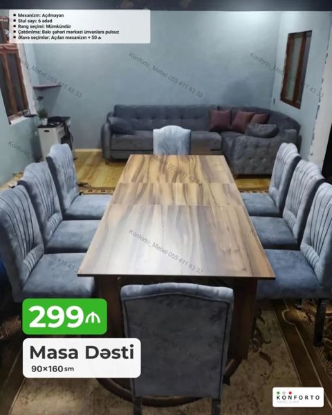Masa Dəsti – 90×160 sm - Dəst: 1 masa + 6 stol - Mexanizm: Açılmayan
