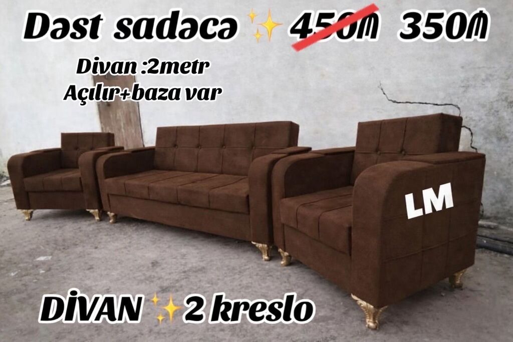 DİVAN + 2 kreslo dəsti - Qiymət: 350₼ - Divan: 2 metr - Açılır — Mebel, Bakı