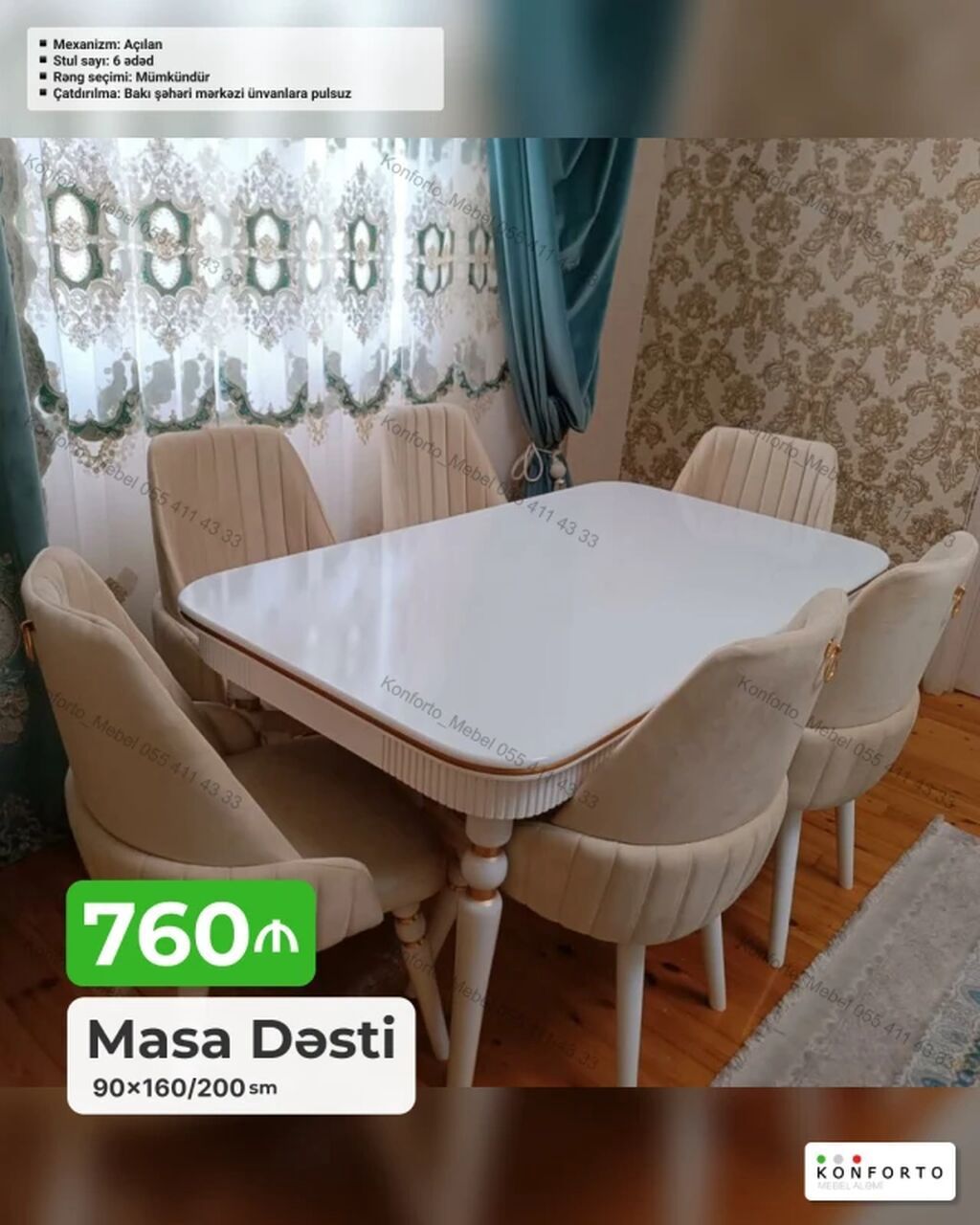 Masa Dəsti – 6 stul ilə - Mexanizm: Açılan (ölçü 90×160/200 sm) - Stul — Mebel, Bakı
