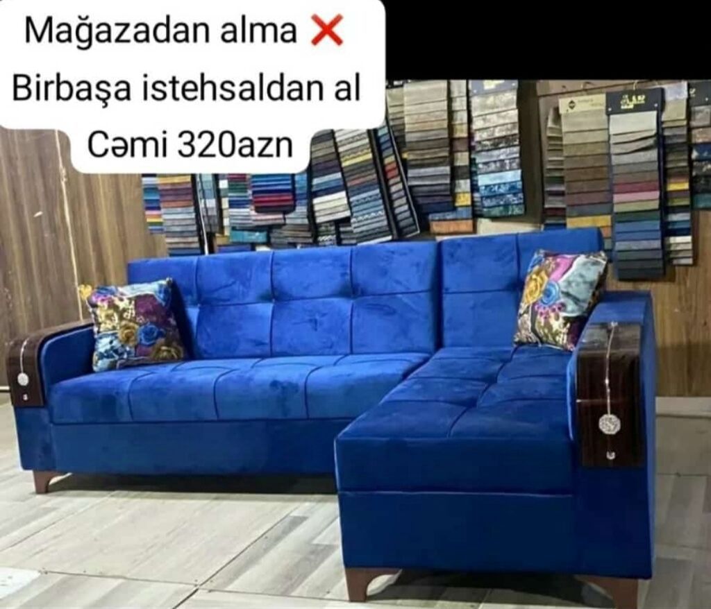 Künc divan — L forması, məxməri parça, mavi - 1