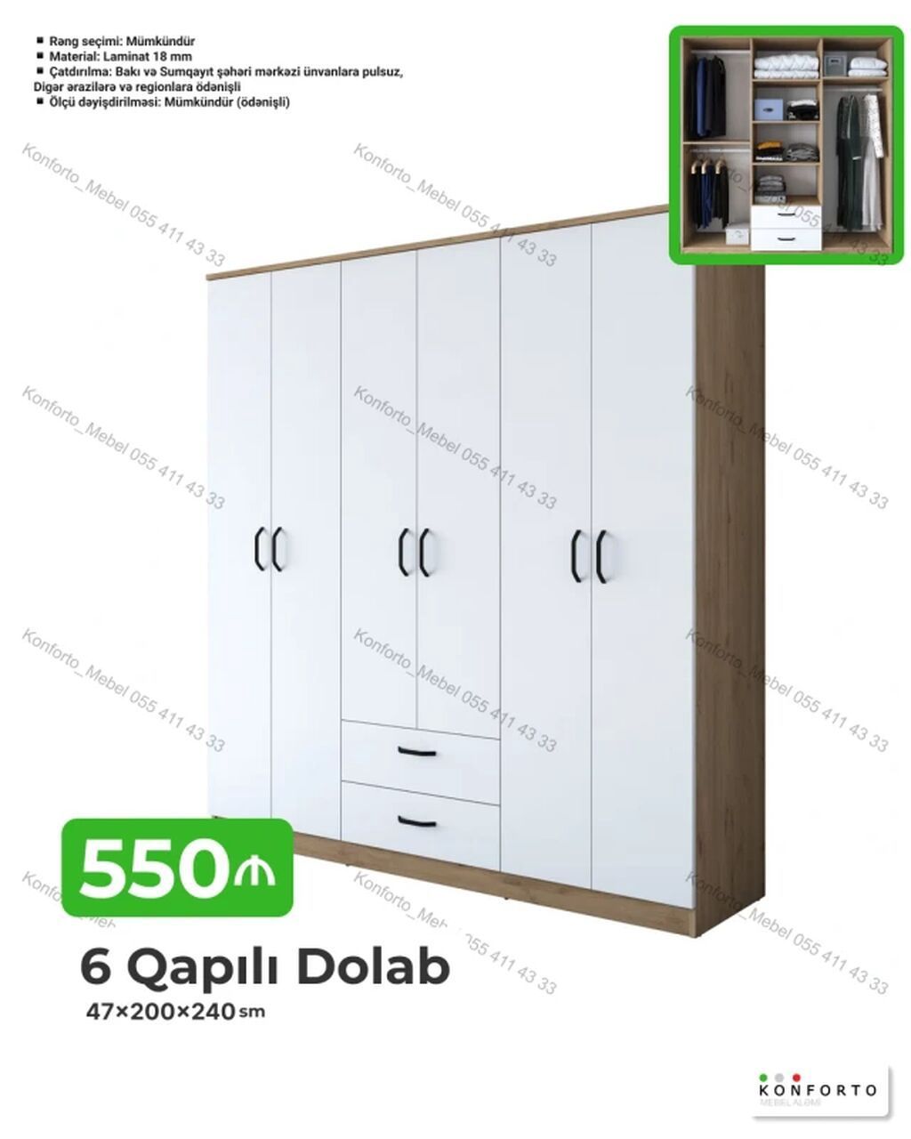 6 qapılı geyim dolabı 47×200×240 sm