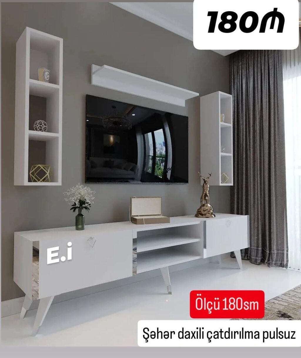 TV stendi və divar rəfləri dəsti - Rəng: ağ, minimal dizayn - — Mebel, Mehdiabad