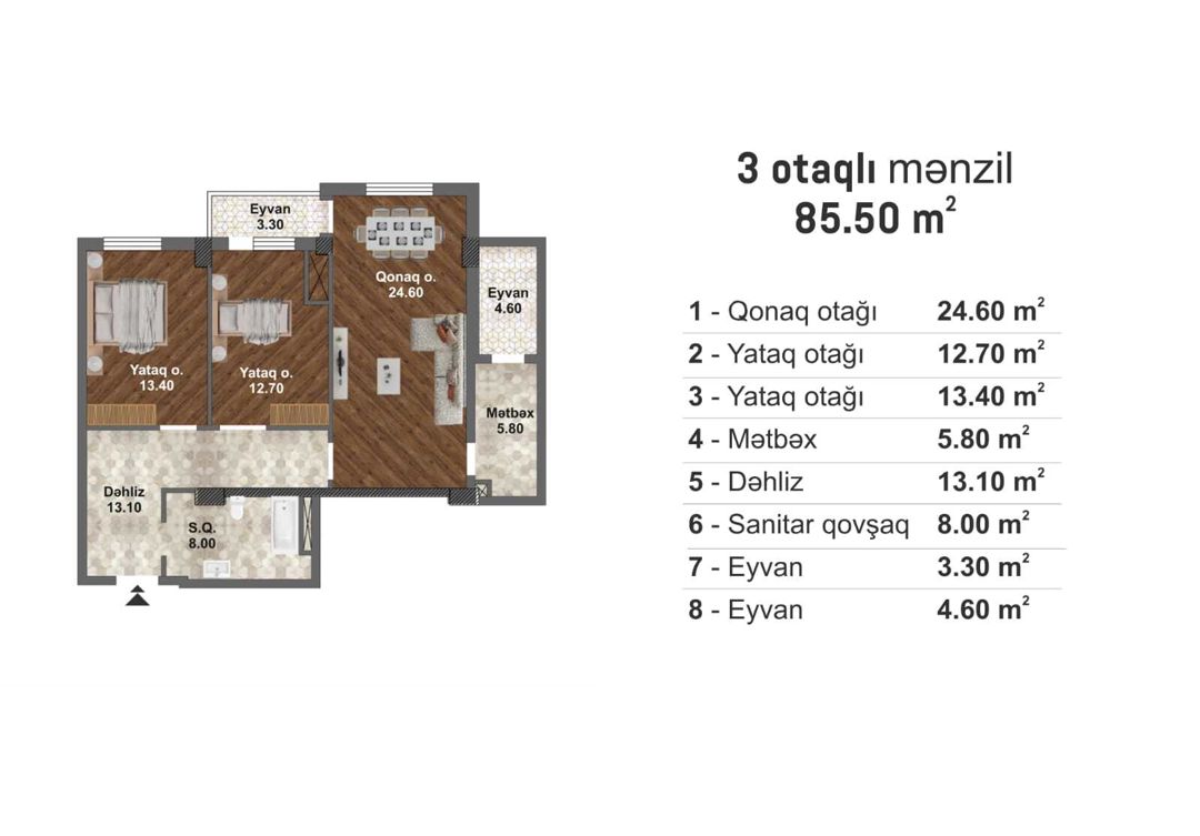 Satılır 3 otaqlı yeni tikili 85.5 m² — Mənzil, Bakı (2)