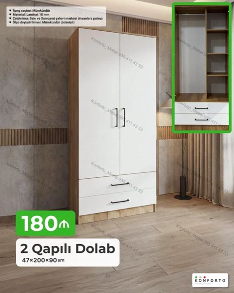 2 qapılı geyim dolabı Ölçü: 47×200×90 sm Qiymət: 180 ₼