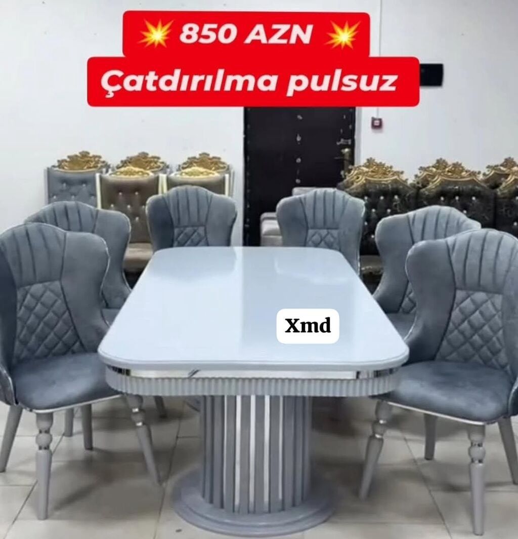 Modern yemək dəsti – 1 masa + 6 stul - Rəng: boz - Masa: düzbucaqlı — Mebel, Bakı