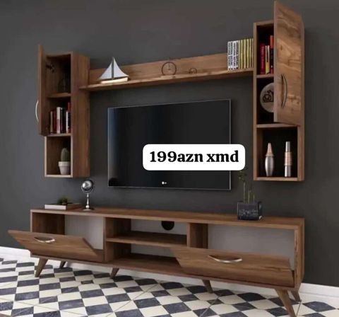 TV stendi və divar rəf sistemi - Material: taxta teksturalı
