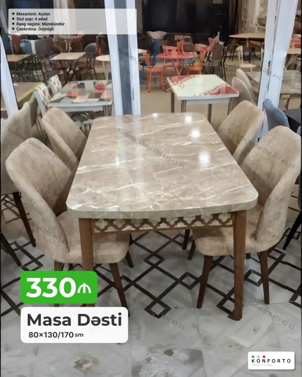 Məhsul: Masa Dəsti - Masa ölçüləri: 80×130/170 sm (açılan mexanizmli — Mebel, Bakı