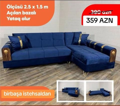 Künc divan – açılan bazalı, yataq funksiyalı. - Ölçü: 2.5 x 1.5 m -