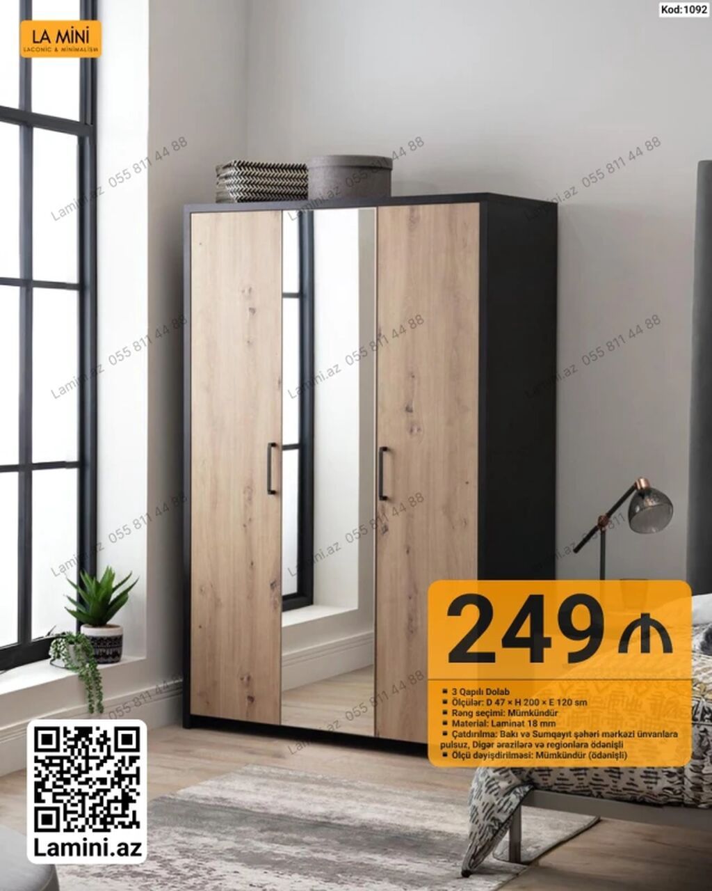 La Mini – 3 qapılı dolab (Kod: 1092) - Ölçülər: D 47 × H 200 × E 120 — Mebel, Bakı