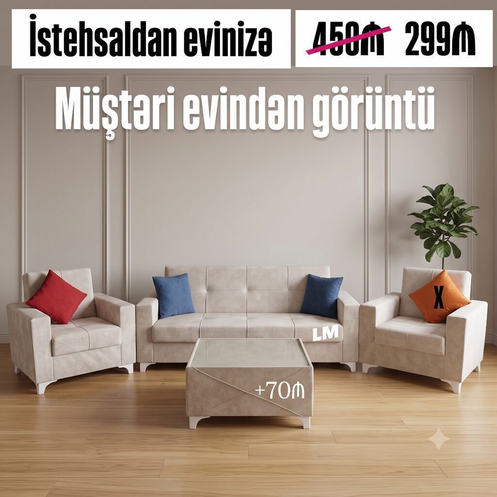 Yeni, Divan, 2 kreslo, Divan, Bazalı, Açılan — Mebel, Bakı (2)