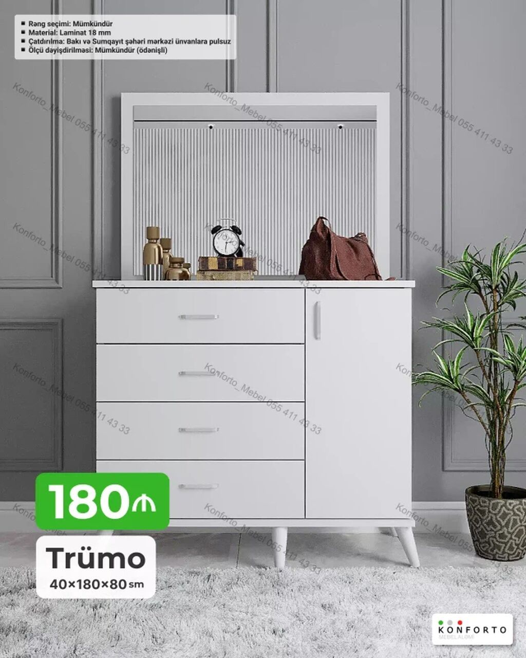 Trümo – 40×180×80 sm - Minimalist dizaynlı ağ trümo - 3 çekmece + 1 — Komodlar və tumbalı, Bakı