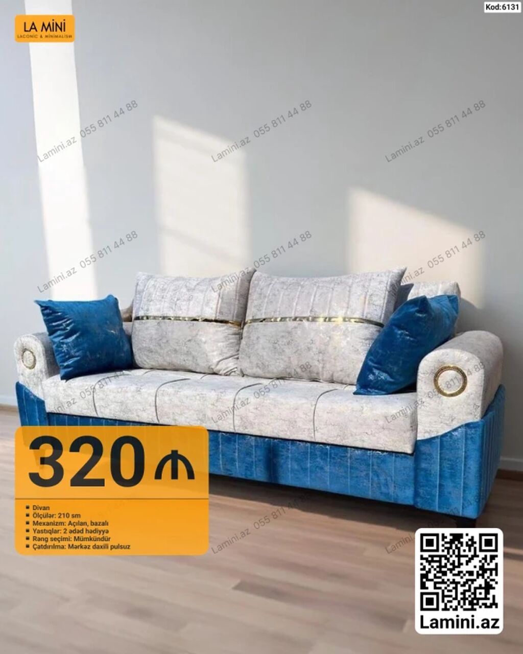 Divan – Kod: 6131 - Ölçü: 210 sm - Mexanizm: açılan, bazalı - Yastıq — Mebel, Bakı
