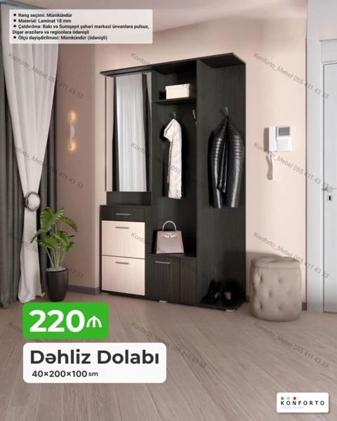 Dəhliz dolabı – 40×200×100 sm - Model: giriş üçün çoxfunksiyalı dəst — Konforto Mebel — Dəhliz mebeli