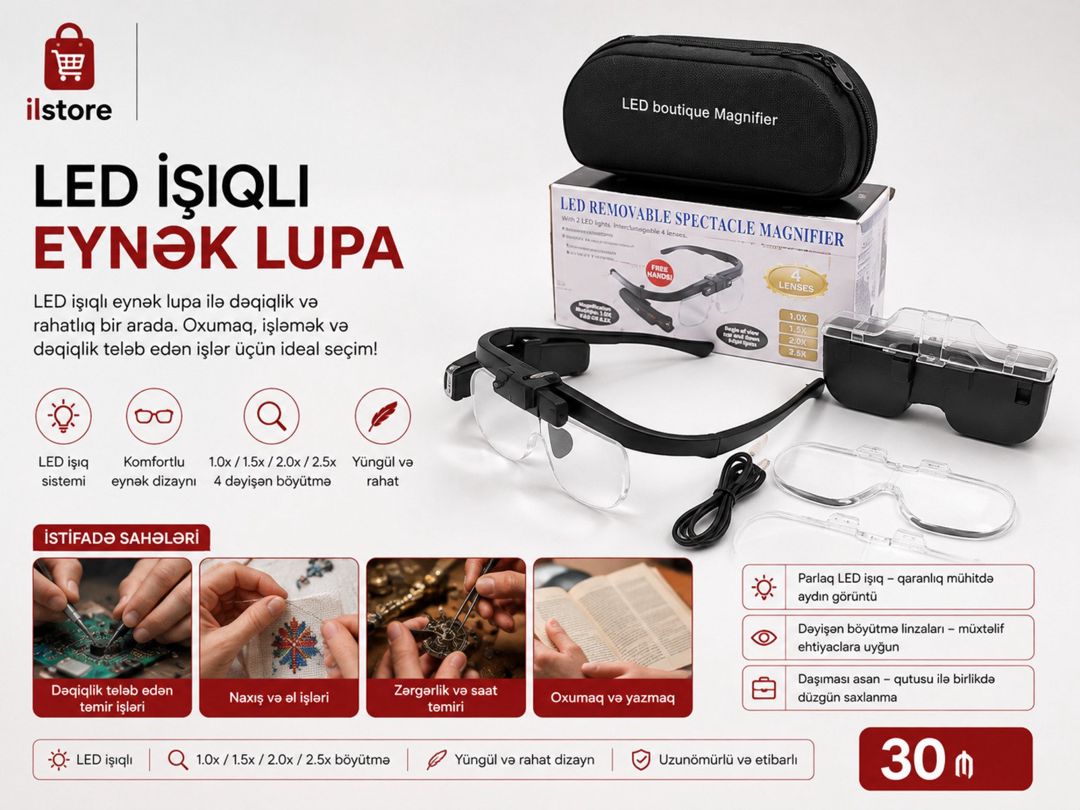 LED işıqlı eynək lupa — Mallar, Bakı