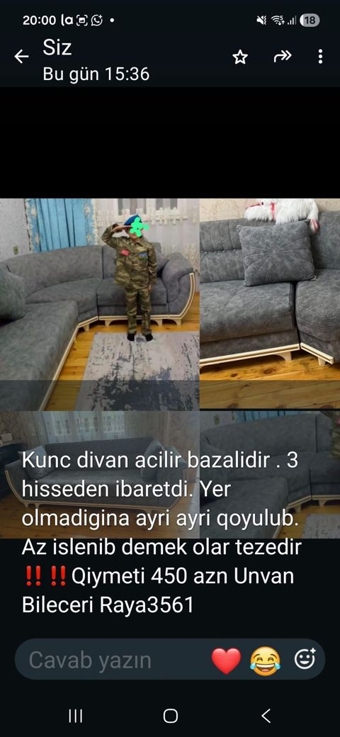Künc divan – açılır və bazalı model. - 3 hissədən ibarətdir, modullar