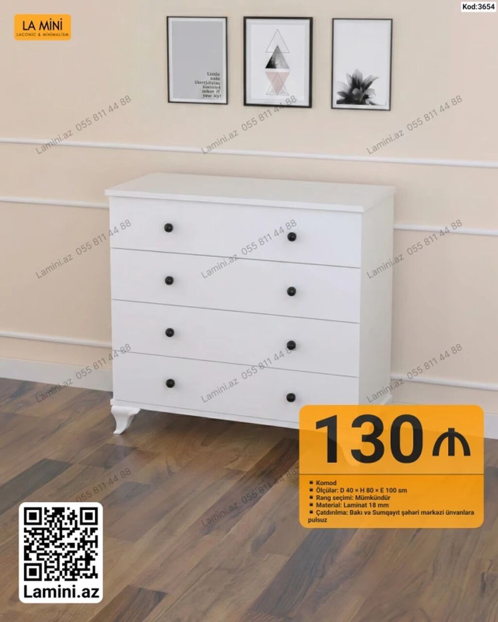 Ağ rəngli komod - Model kodu: 3654 - Ölçülər: Dərinlik 40 sm × — Mebel, Bakı