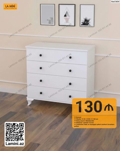 Ağ rəngli komod - Model kodu: 3654 - Ölçülər: Dərinlik 40 sm × — Lamini Mebel — Komodlar və tumbalar