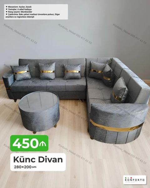 Künc divan – 280×200 sm - Açılan, bazalı mexanizm - 6 ədəd dekorativ — Konforto Mebel — Divanlar