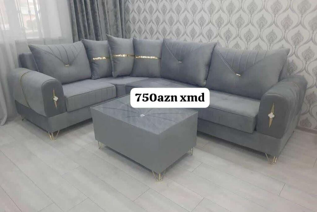 Boz rəngli L formalı künc divan dəsti - Zərif qızılı detallar və