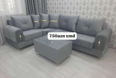 Boz rəngli L formalı künc divan dəsti - Zərif qızılı detallar və — Xırdalan