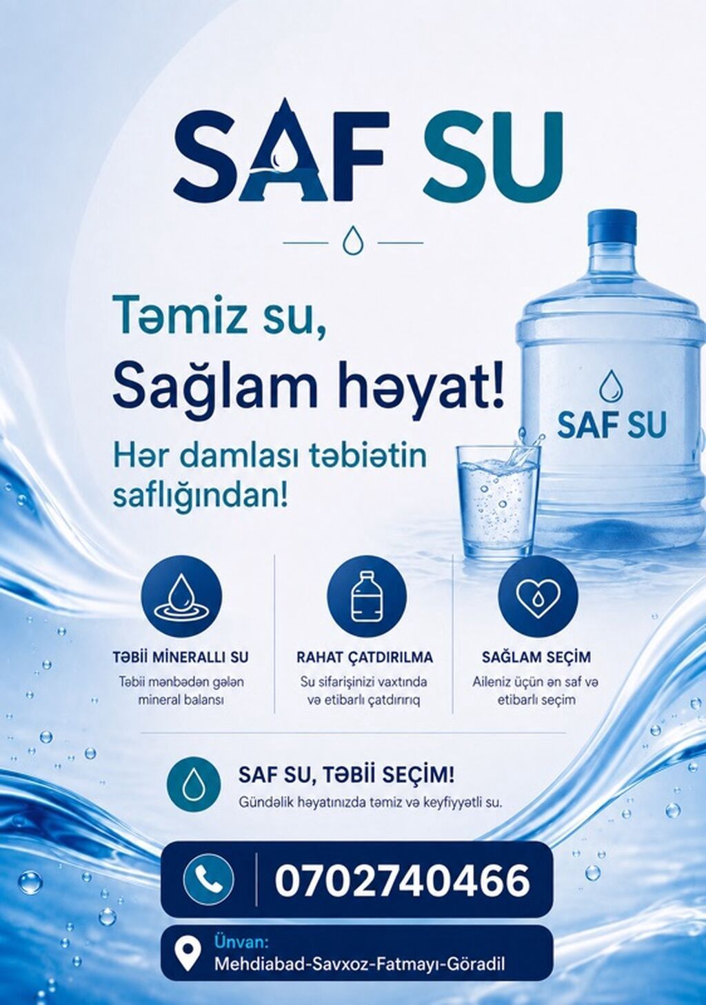 SAF SU – Təbii minerallı içməli su (19L qab) - Şüar: “Təmiz su — Qida məhsulları, Mehdiabad (3)