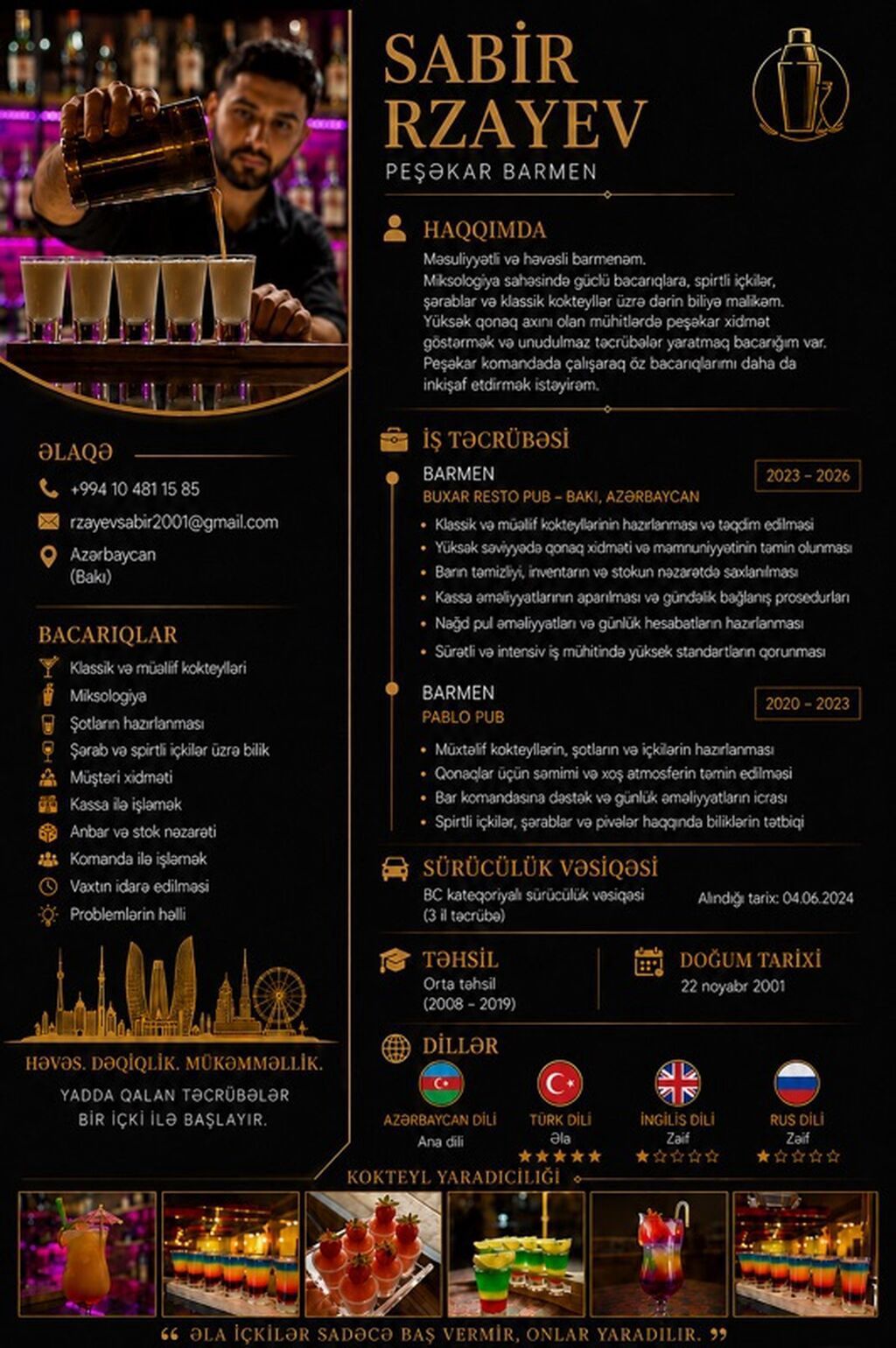 Barmen, 22 yaş, 5 ildən artıq təcrübə