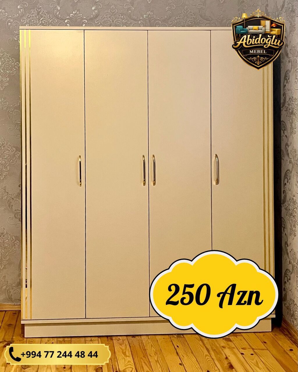 Yeni, 4 qapılı, Güzgülü, Bej, Açılan, Düz dolab — Mebel, Bakı (2)