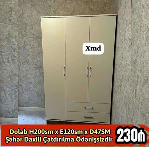 3 qapılı paltar dolabı — H200 sm × E120 sm × D47 sm, açıq krem