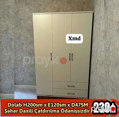 3 qapılı paltar dolabı — H200 sm × E120 sm × D47 sm, açıq krem