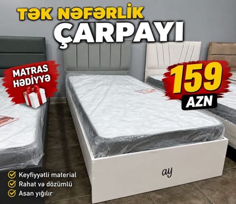 Tək nəfərlik çarpayı – 159 AZN • Komplekt: çarpayı + matras hədiyyə