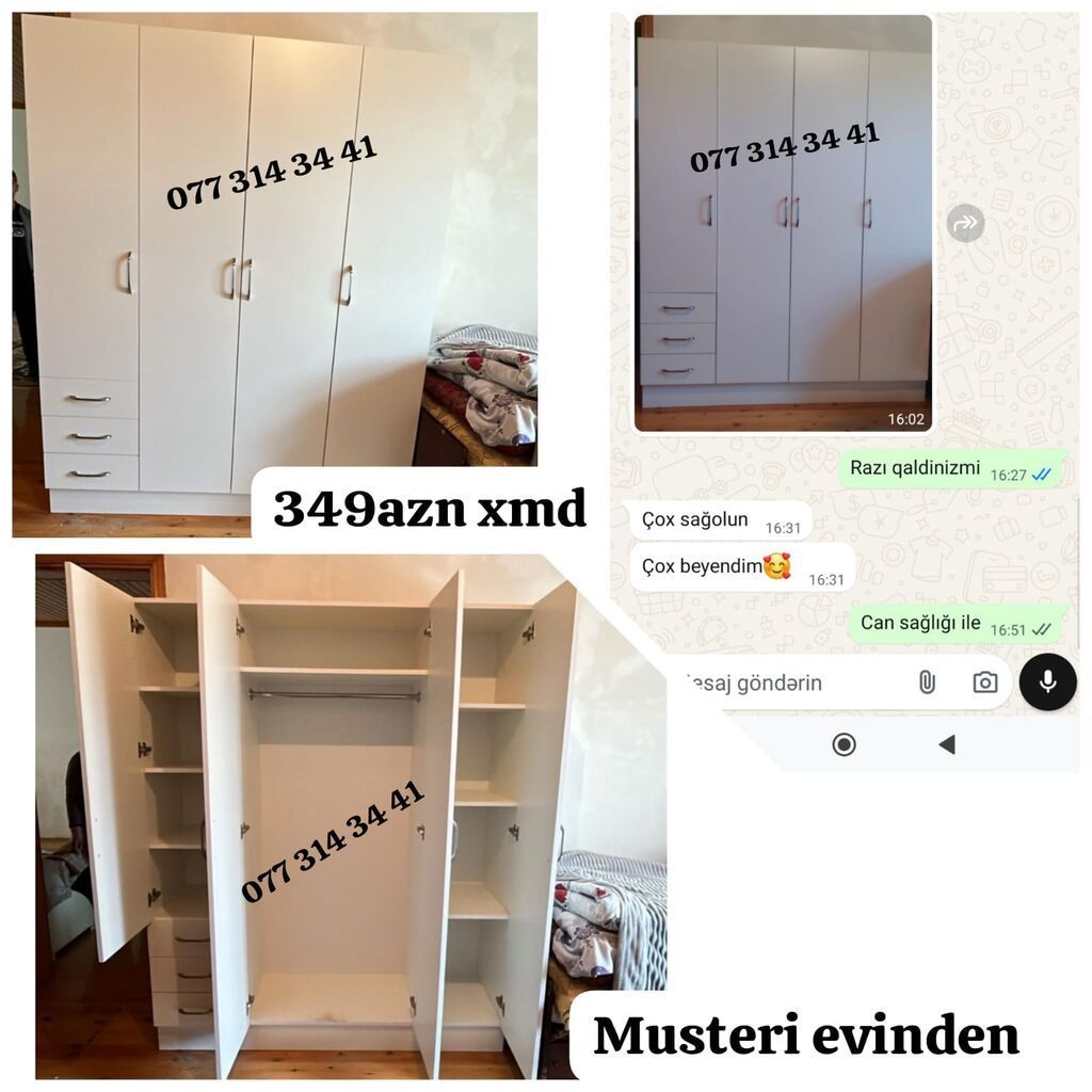 Ağ rəngli 4 qapılı paltar şkafı, 349 AZN