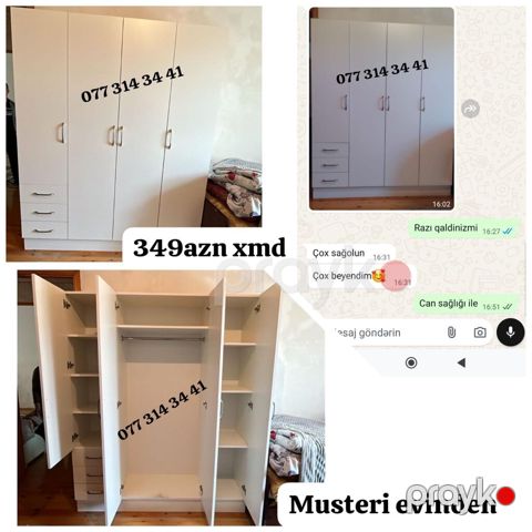 Ağ rəngli 4 qapılı paltar şkafı, 349 AZN