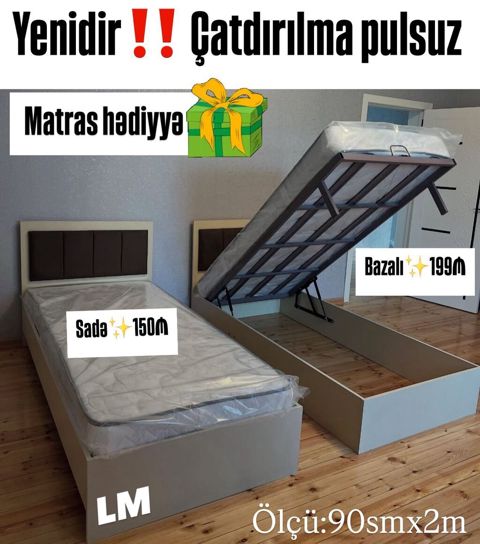 Tək nəfərlik çarpayı — 90 sm x 2 m, sadə və bazalı variant