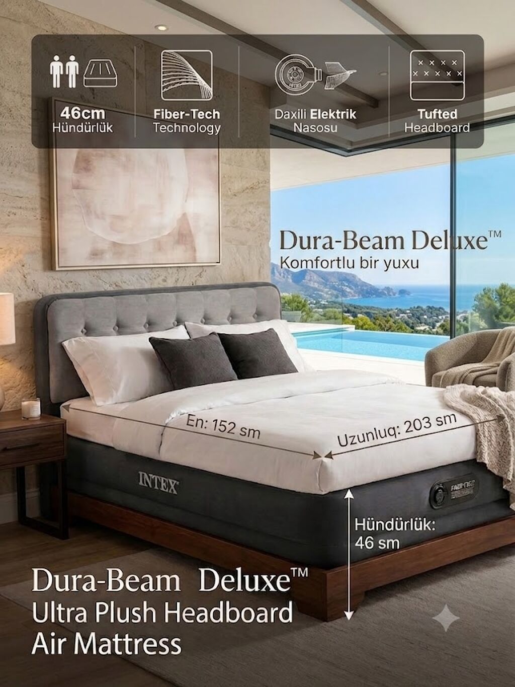 Intex Dura-Beam Deluxe Ultra Plush Air Mattress 152x203 sm — Yataq mobilyası, Bakı (2)