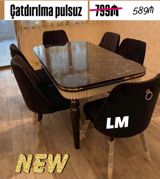 Yemək otağı dəsti – 1 masa + 6 stul - Dizayn: Qara mərmər naxışlı — Furniture
