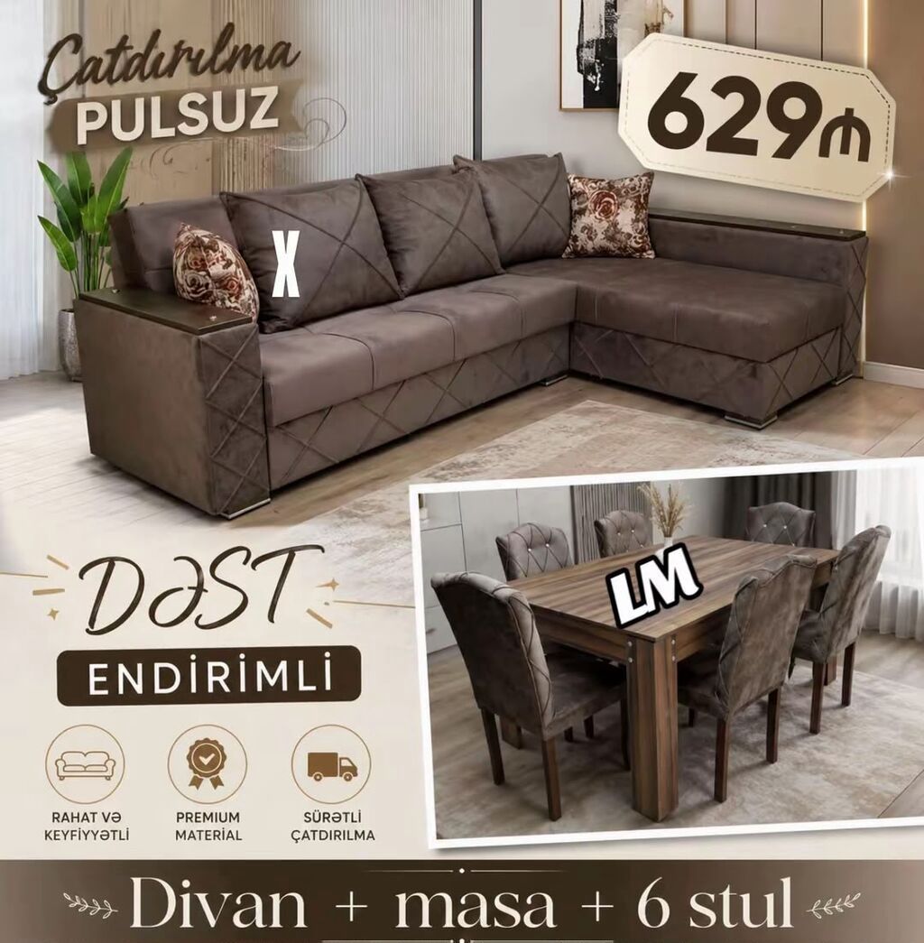 Dəst: künc divan + masa + 6 stul Xüsusiyyətlər: - Künc divan: geniş — Mebel, Bakı