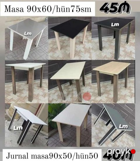 Masa – ölçü: 90×60 sm, hündürlük: 75 sm. Müxtəlif rəng və ayaq