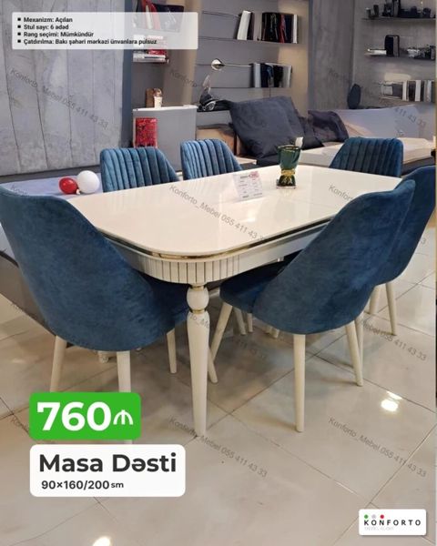 Masa Dəsti – 6 stul ilə - Ölçülər: 90×160/200 sm (masa açılan