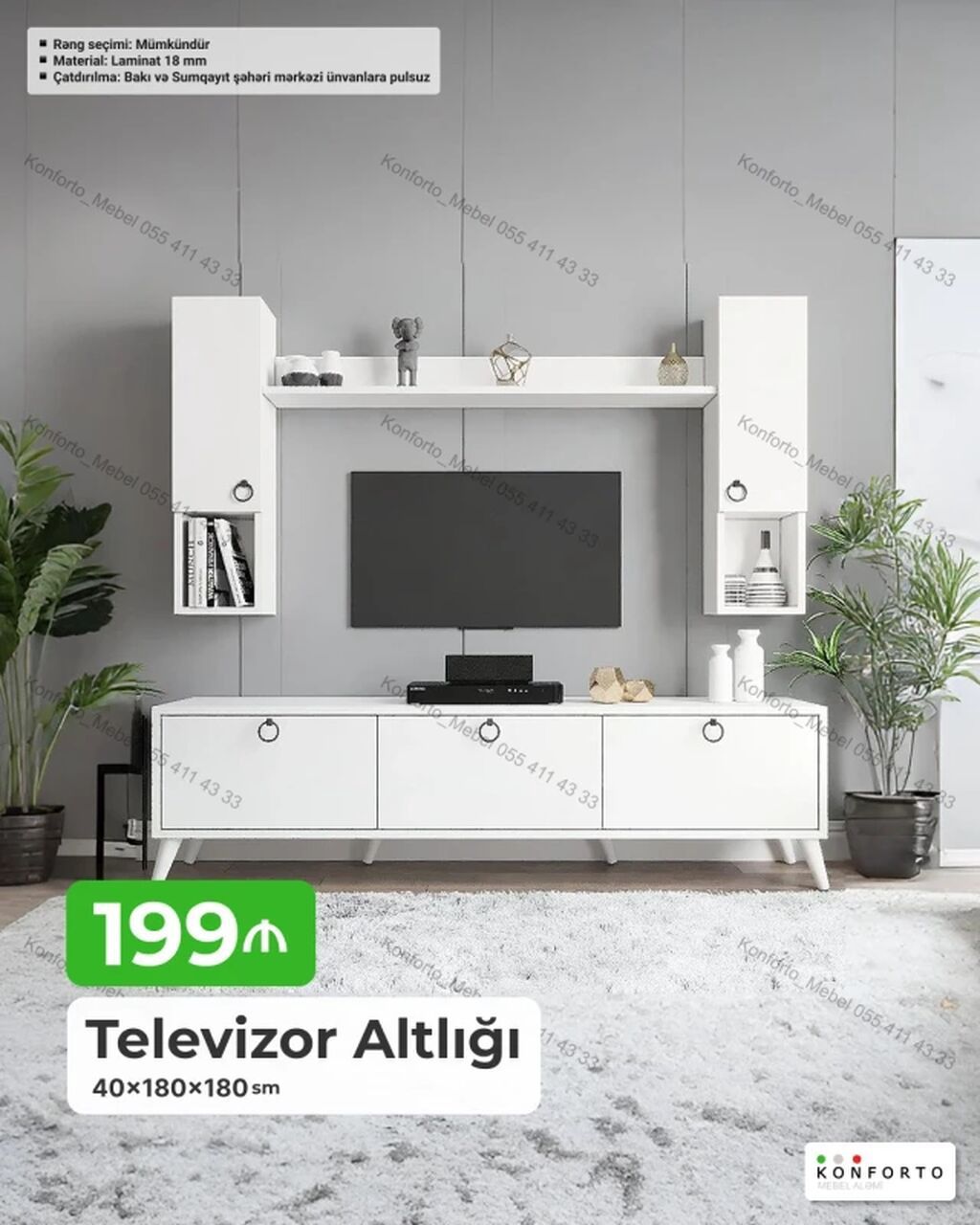 Televizor altlığı və divar modulu dəsti - Ölçü: 40 × 180 × 180 sm -