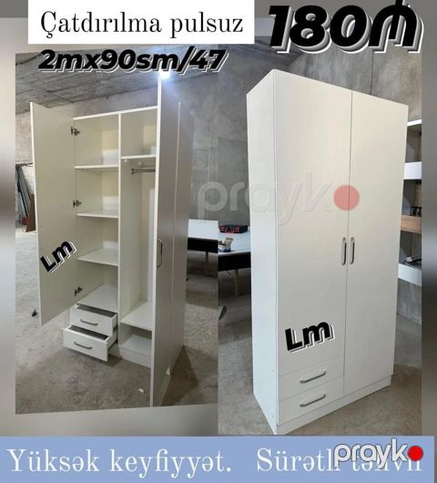 Ağ rəngli iki qapılı paltar şkafı Ölçülər: 2 m (hündürlük) x 90 sm — Bakı