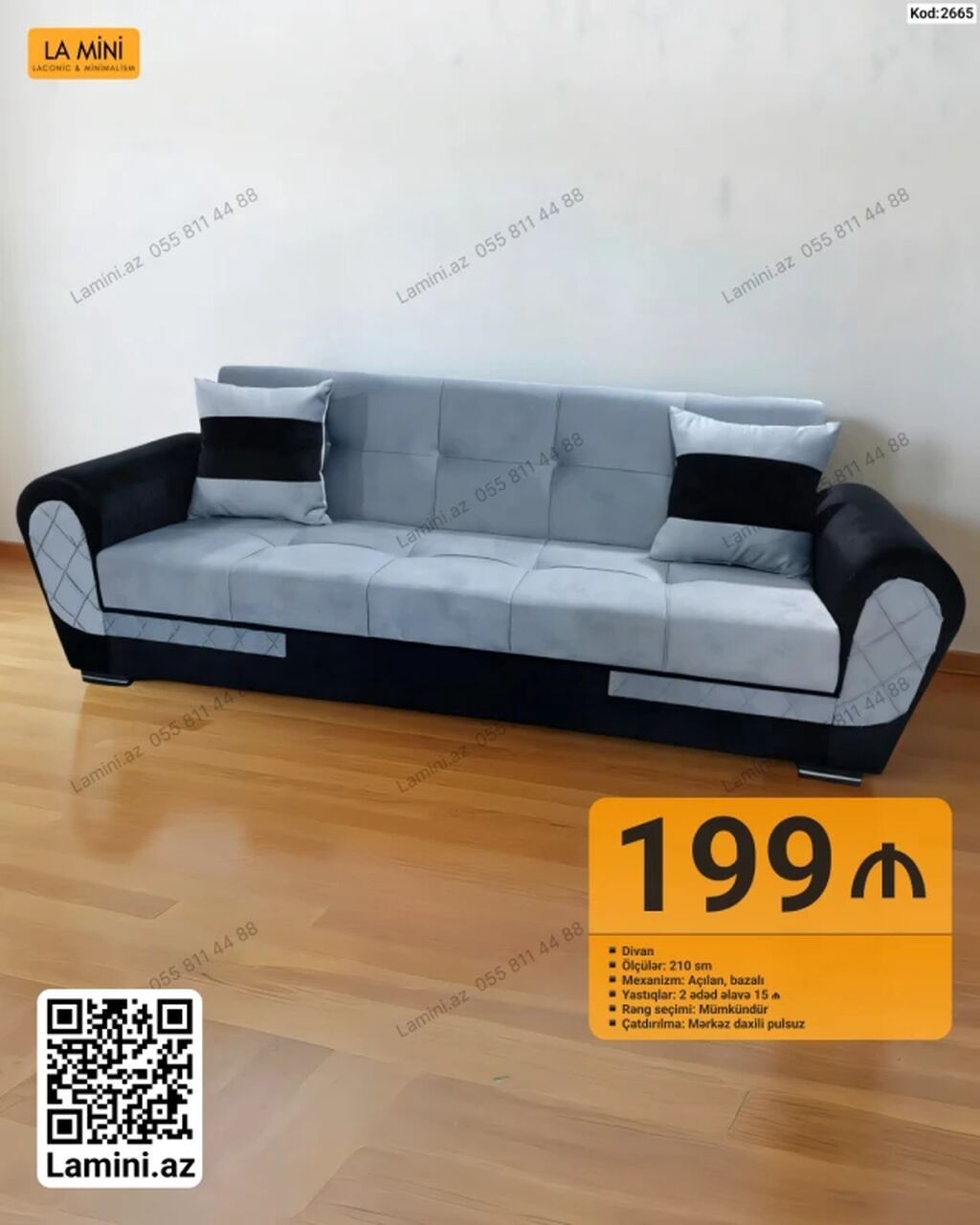 Divan – Kod: 2665 - Ölçü: 210 sm - Mexanizm: Açılan, bazalı (yataq — Mebel, Bakı