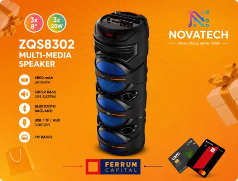 ZQS8302 Bluetooth 3×8" Super Bass, Mikrofonlu Karaoke Dinamik