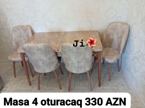 Mətbəx/diner dəsti – 1 masa + 4 oturacaq - Masa: mərmər naxışlı üst